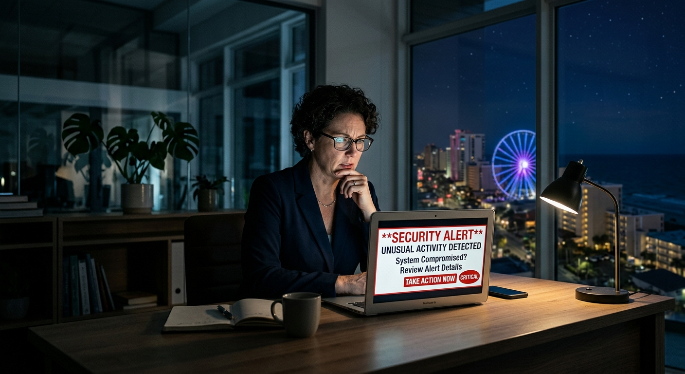 Small business owner reviewing a laptop screen showing a security alert in a South Carolina storefront office