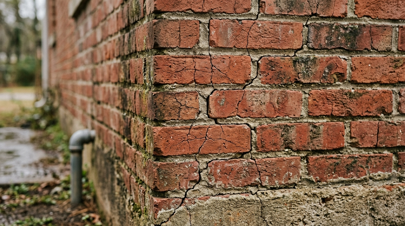 Cracked brick exterior wall of a South Carolina coastal home after seismic damage, sunny afternoon