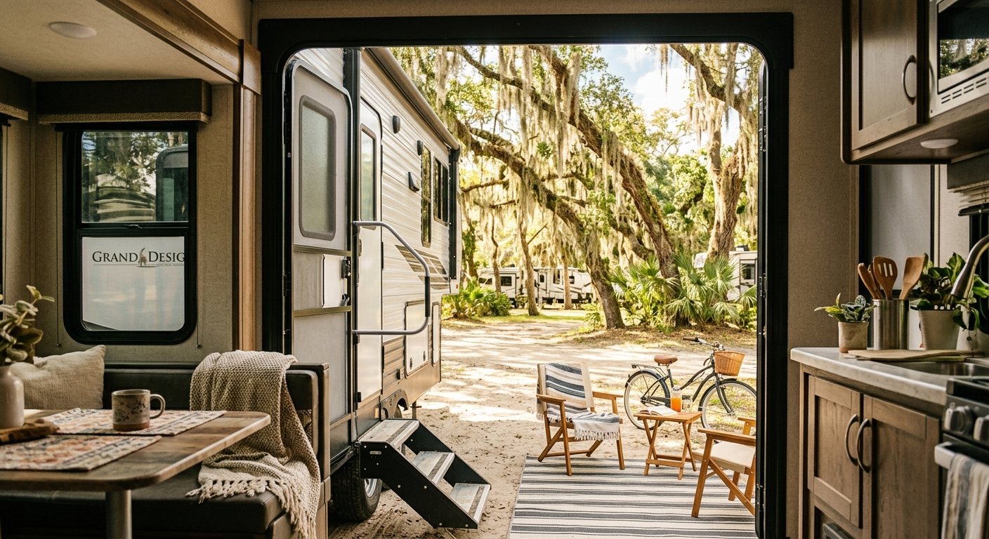 A large Class A motorhome parked at a South Carolina campground near pine trees and a coastal waterway on a sunny day