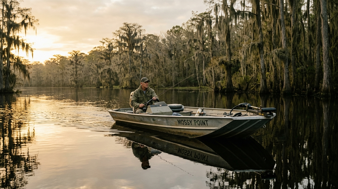 Pontoon boat docked on calm Lake Moultrie, South Carolina, with pine trees lining the shoreline on a sunny afternoon
