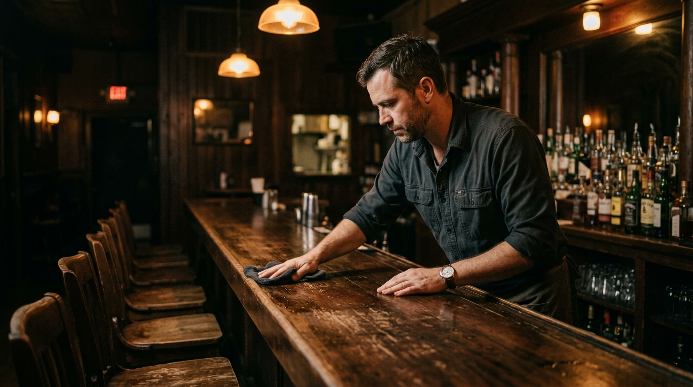 Bartender pouring a drink behind a wood bar at a coastal South Carolina restaurant at night