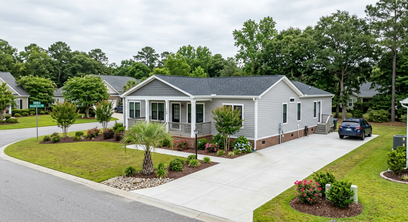 A double-wide manufactured home with a covered porch on a residential lot in coastal South Carolina on a sunny day