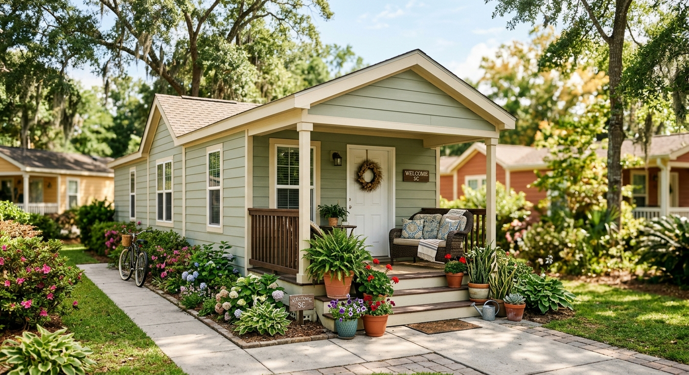 A manufactured home with a covered porch surrounded by mature trees in a South Carolina residential community on a sunny day