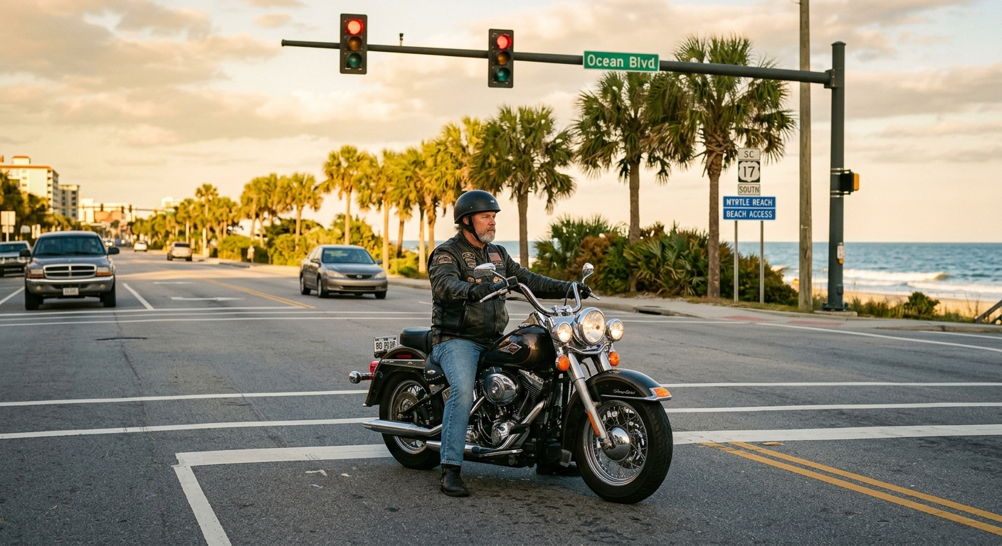 Motorcyclist riding along a scenic coastal highway in South Carolina on a clear sunny day