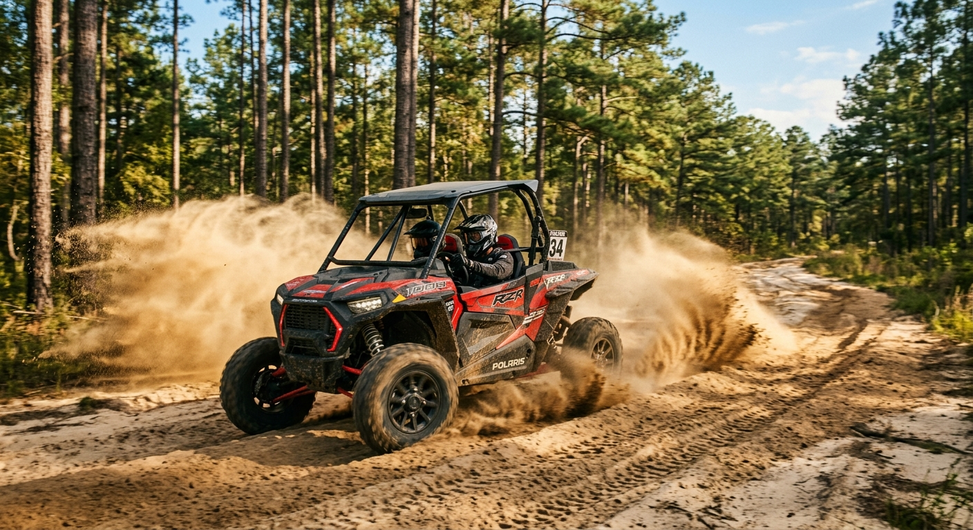 Two riders on ATVs navigating a dirt trail through pine woods in rural South Carolina on a sunny afternoon