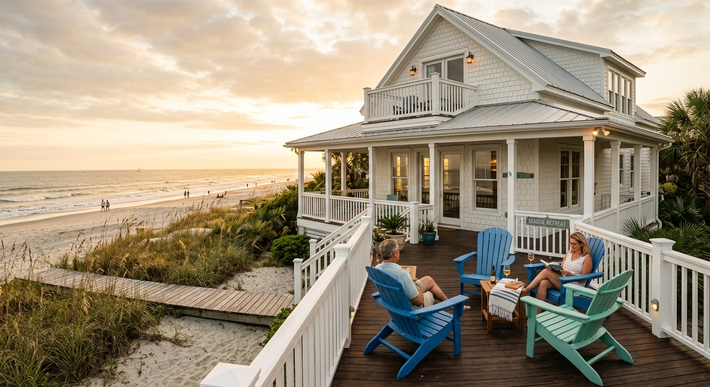 Oceanfront vacation rental home on the South Carolina Grand Strand coast with a wooden deck and sandy beach in the foreground