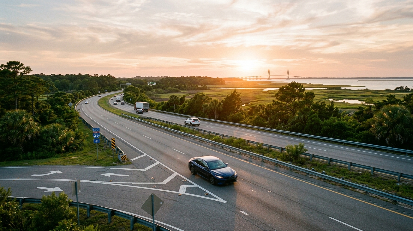 South Carolina highway with cars driving near the coast on a sunny afternoon