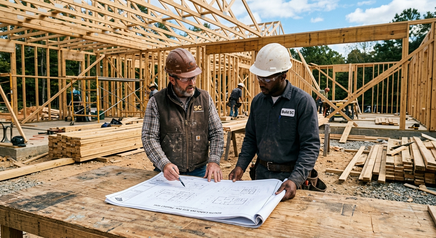 South Carolina contractor reviewing surety bond documents at a job site with building materials in the background