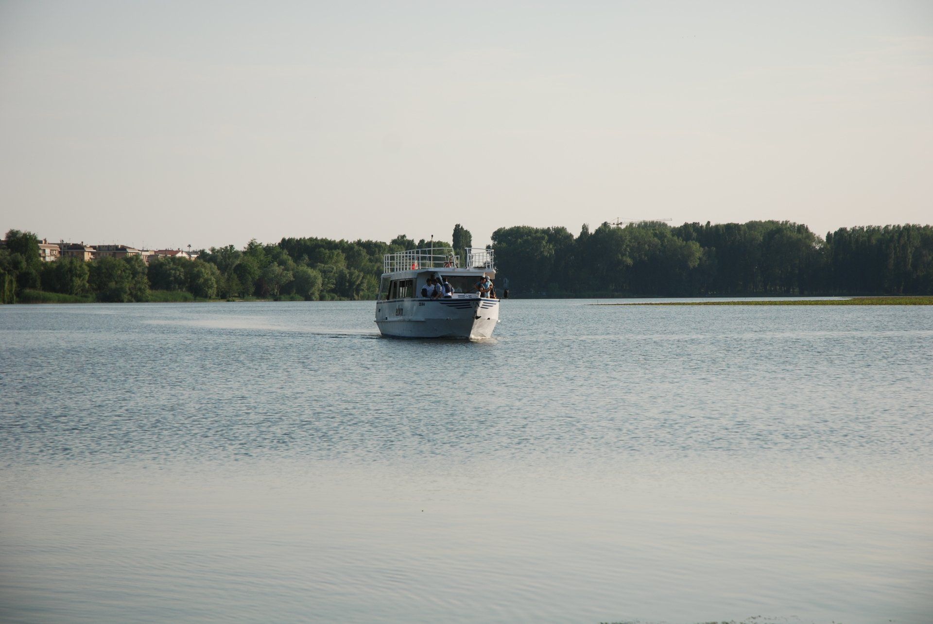Barca su un lago tranquillo con una riva boscosa sullo sfondo.