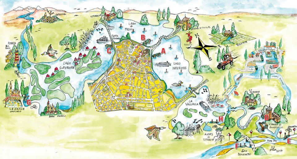 Mappa illustrata a colori con montagne innevate, fiumi, villaggi, foreste e tanti piccoli animali e persone.