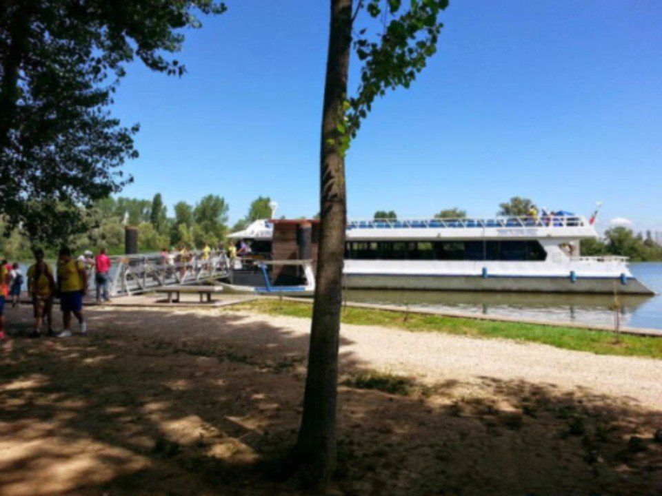 Persone che salgono a bordo di un battello fluviale bianco in un molo in una giornata di sole.