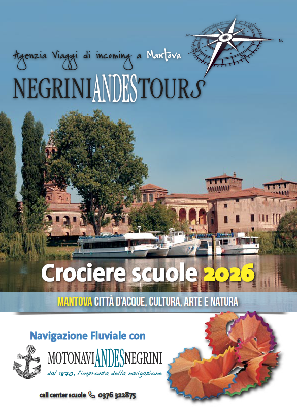 Manifesto promozionale per le crociere scolastiche di Negrinade Tours del 2026, con una scena di un canale veneziano e foglie autunnali.