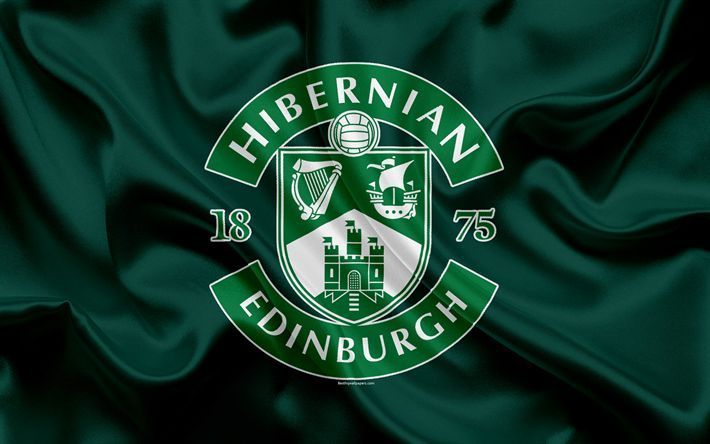 Hibernian FC logo on a green silk background, featuring a shield with a harp, ship, and castle.