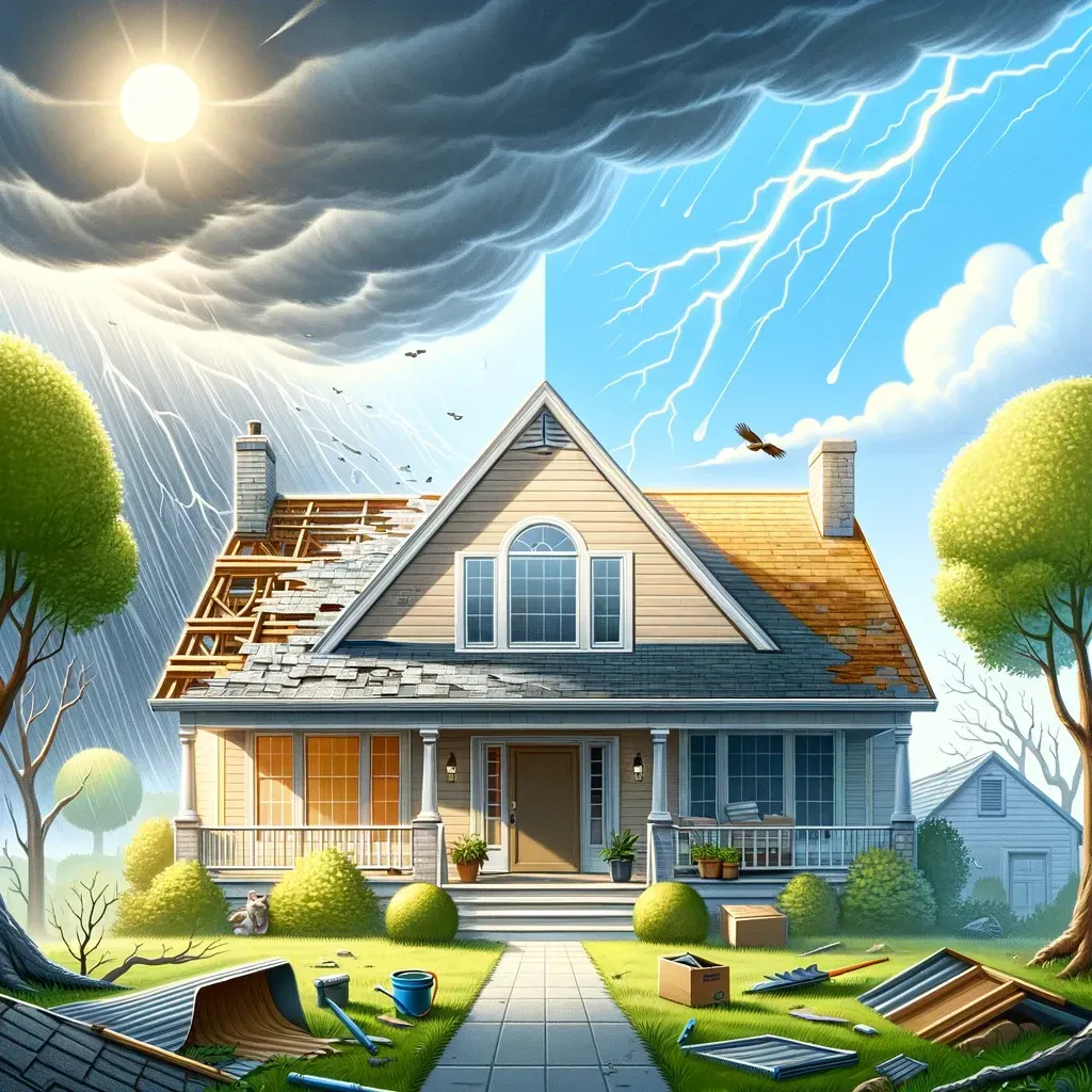 A painting of a house before and after a storm.