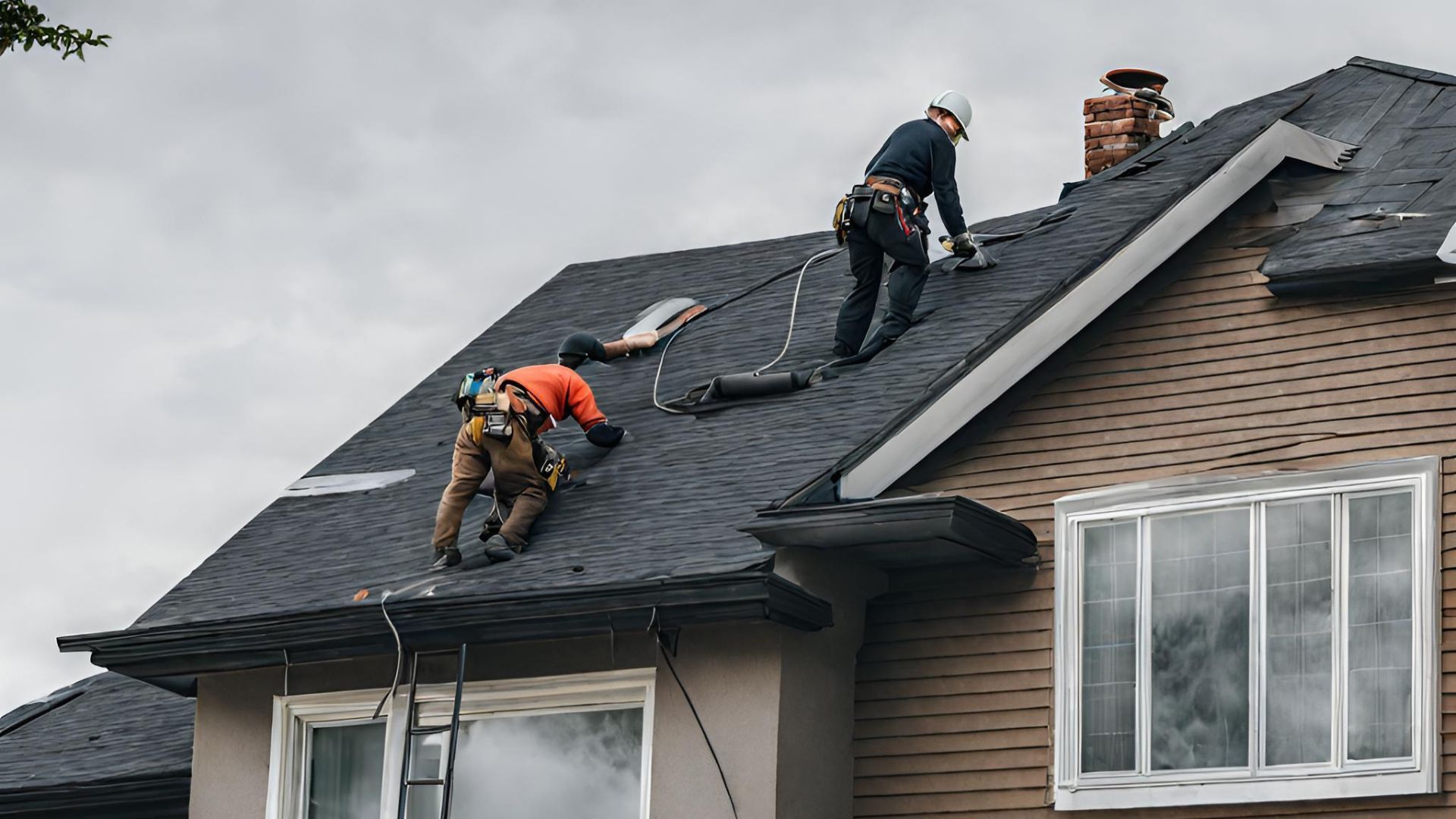 Two men are working on the roof of a house.