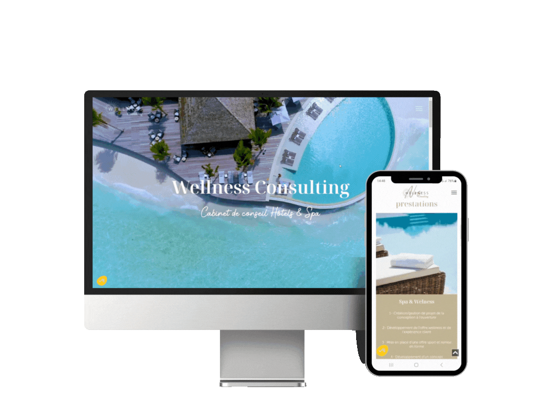Un écran d'ordinateur et un téléphone portable affichent un site Web de conseil en bien-être.