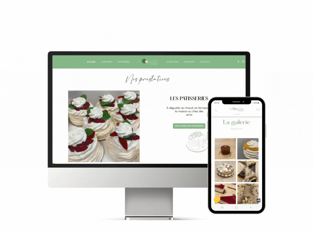 Un écran d'ordinateur et un téléphone portable affichent le site Web d'une boulangerie.