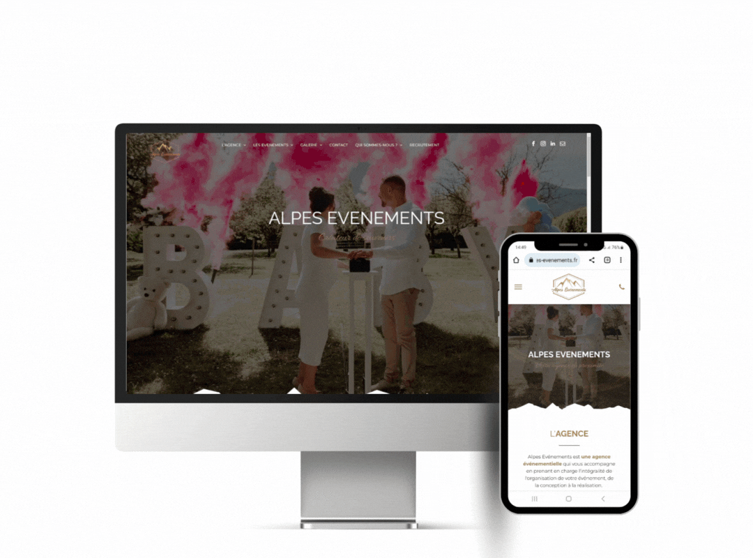 Un écran d'ordinateur et un téléphone portable affichent un site Web de mariage.