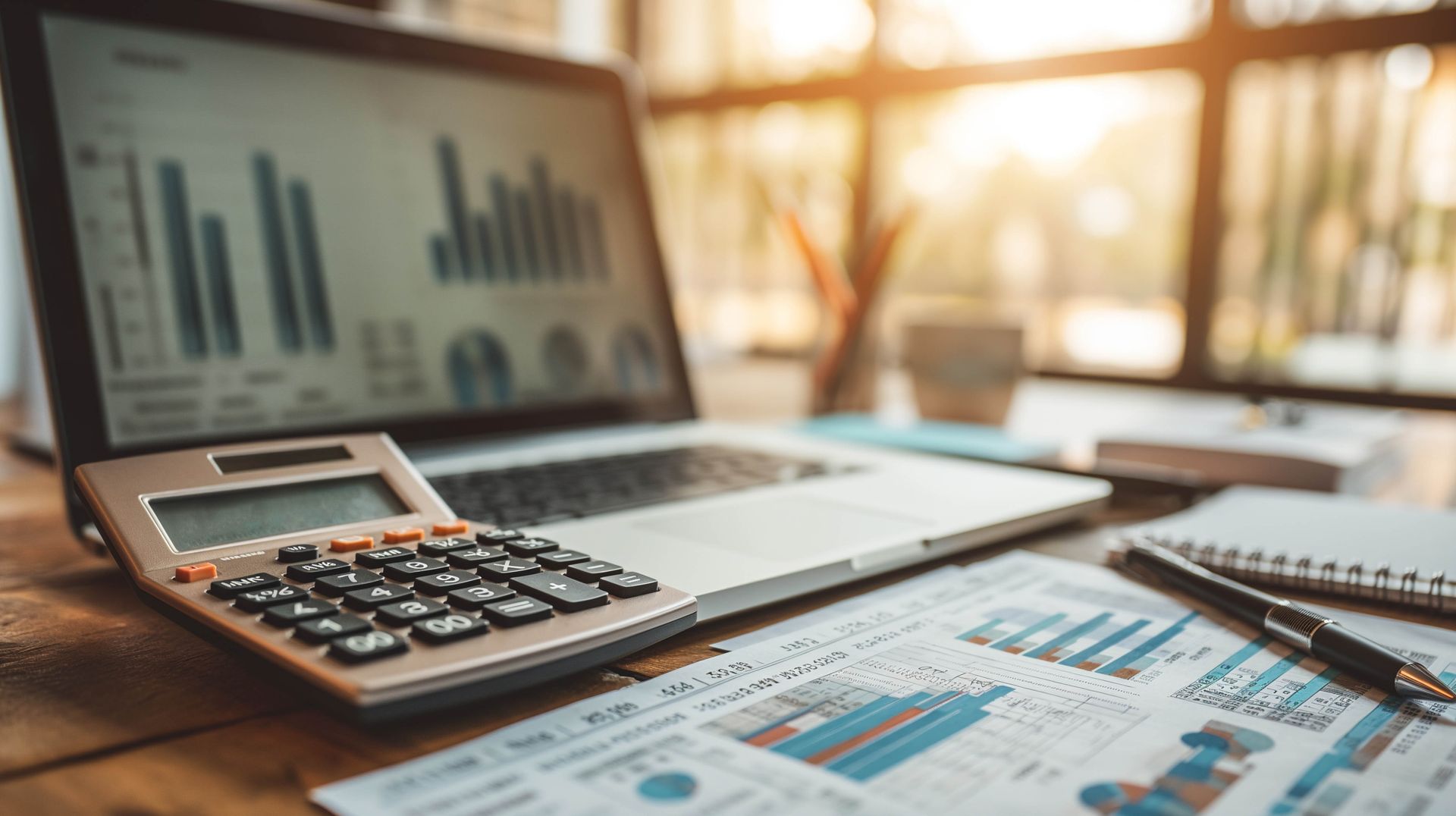 A calculator is sitting on a table next to a laptop computer.