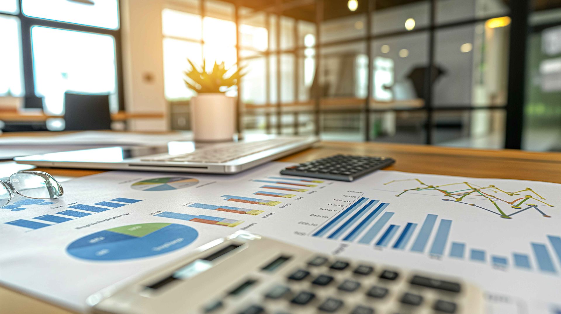 A desk with a laptop , calculator , and graphs on it.
