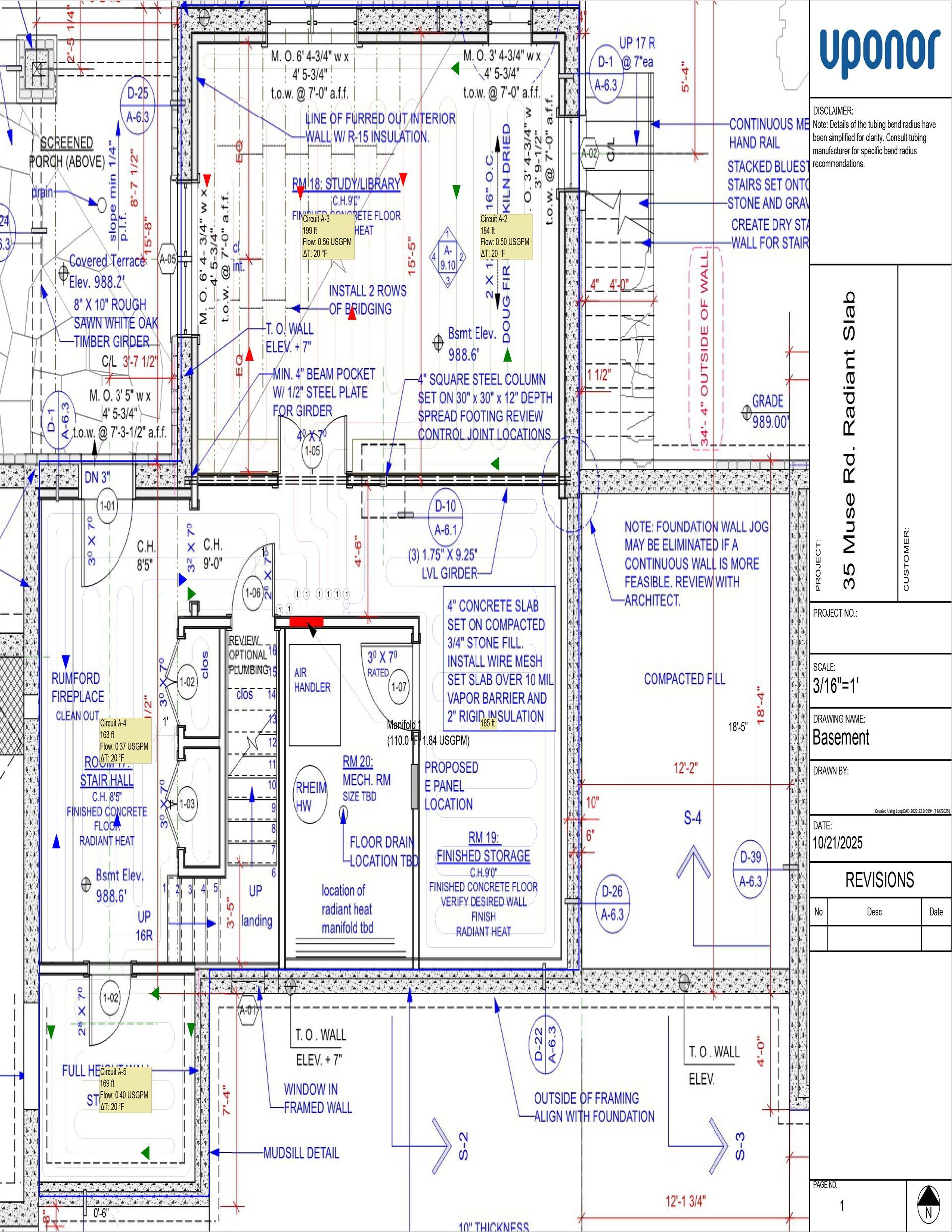 Detailed plumbing floor plan blueprint with blue and red annotations and measurements