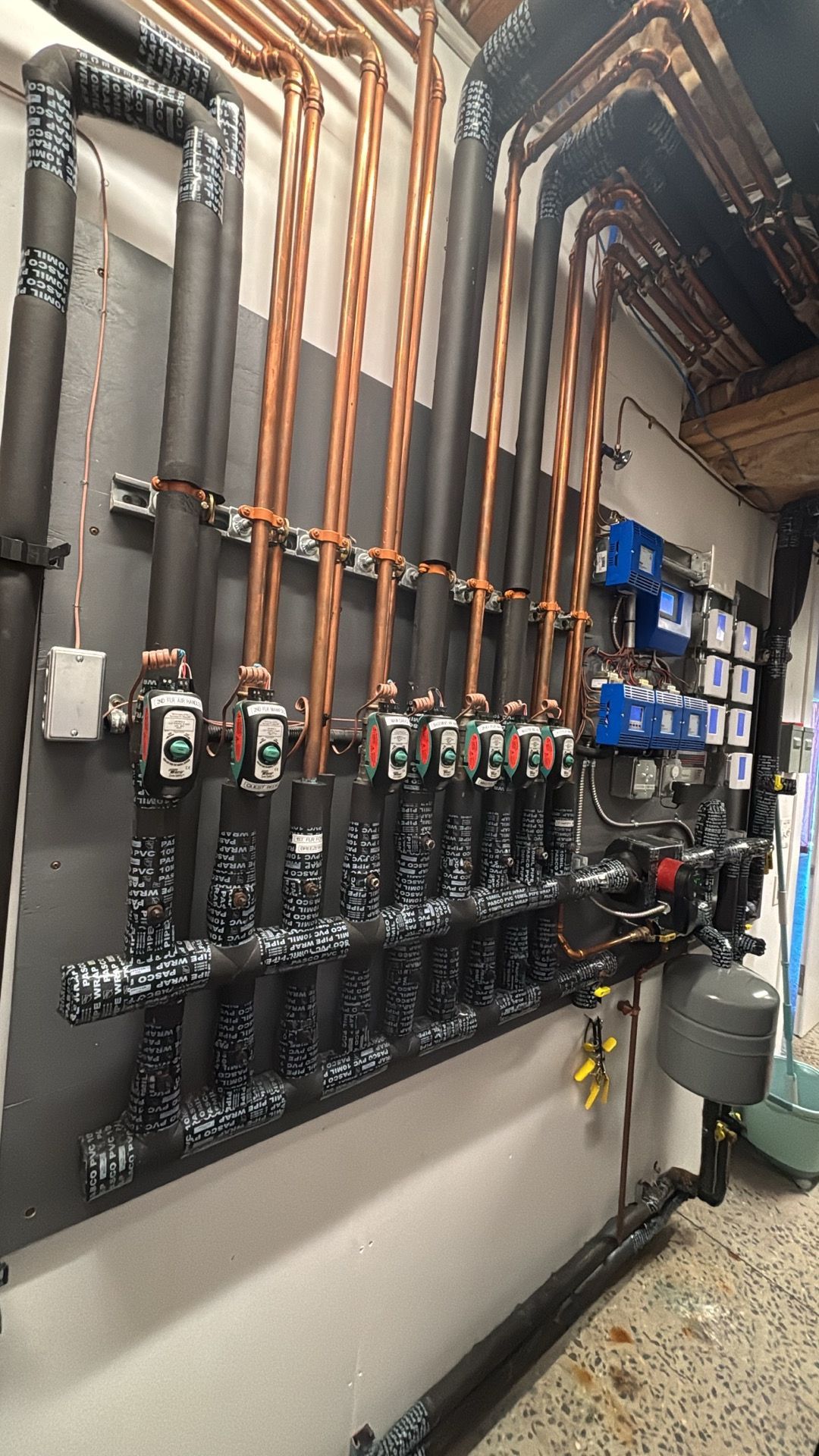 Industrial mechanical room with exposed copper piping, pumps, valves, and blue filtration units on a wall.