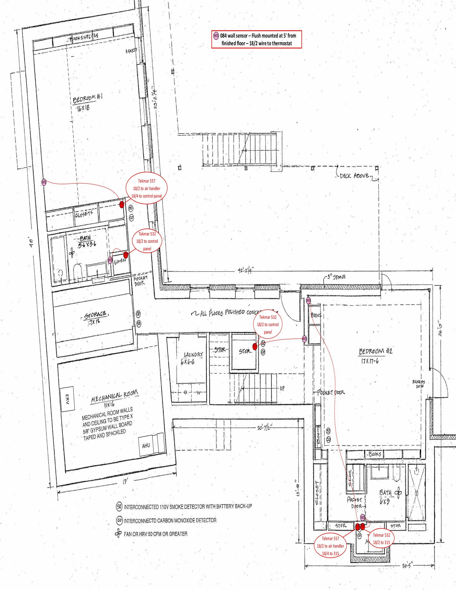 Black-and-white architectural site plan with red marked annotations and building outlines
