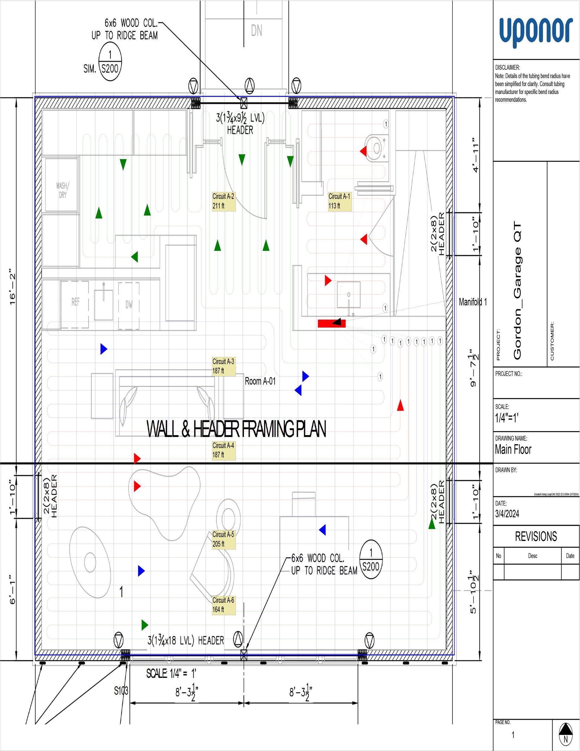 Floor plan blueprint with room labels, dimensions, and colored markers for an interior layout.