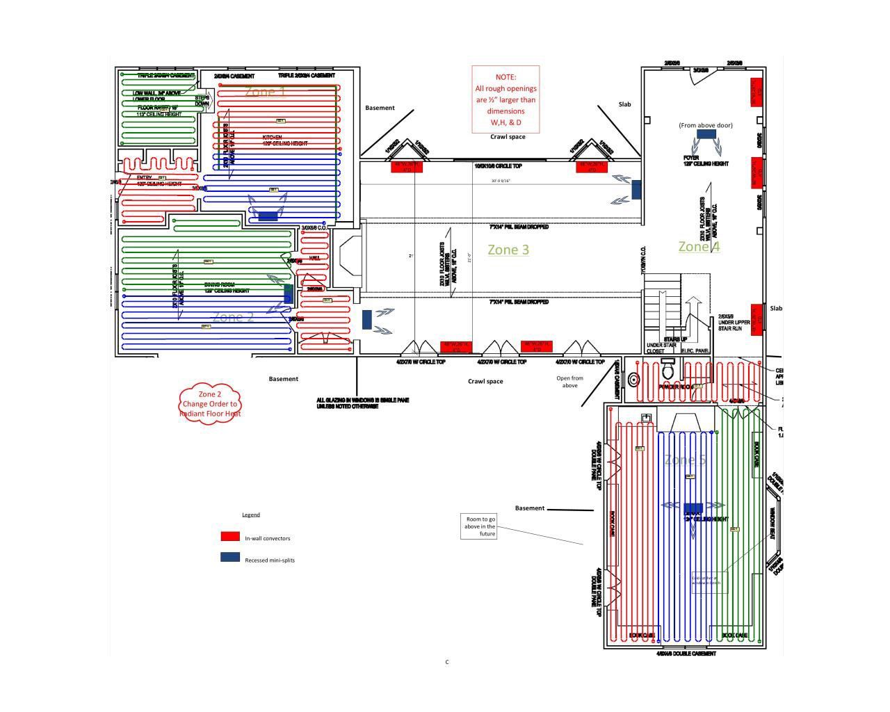 Color-coded building floor plan with labeled rooms, hallways, and red/blue markings