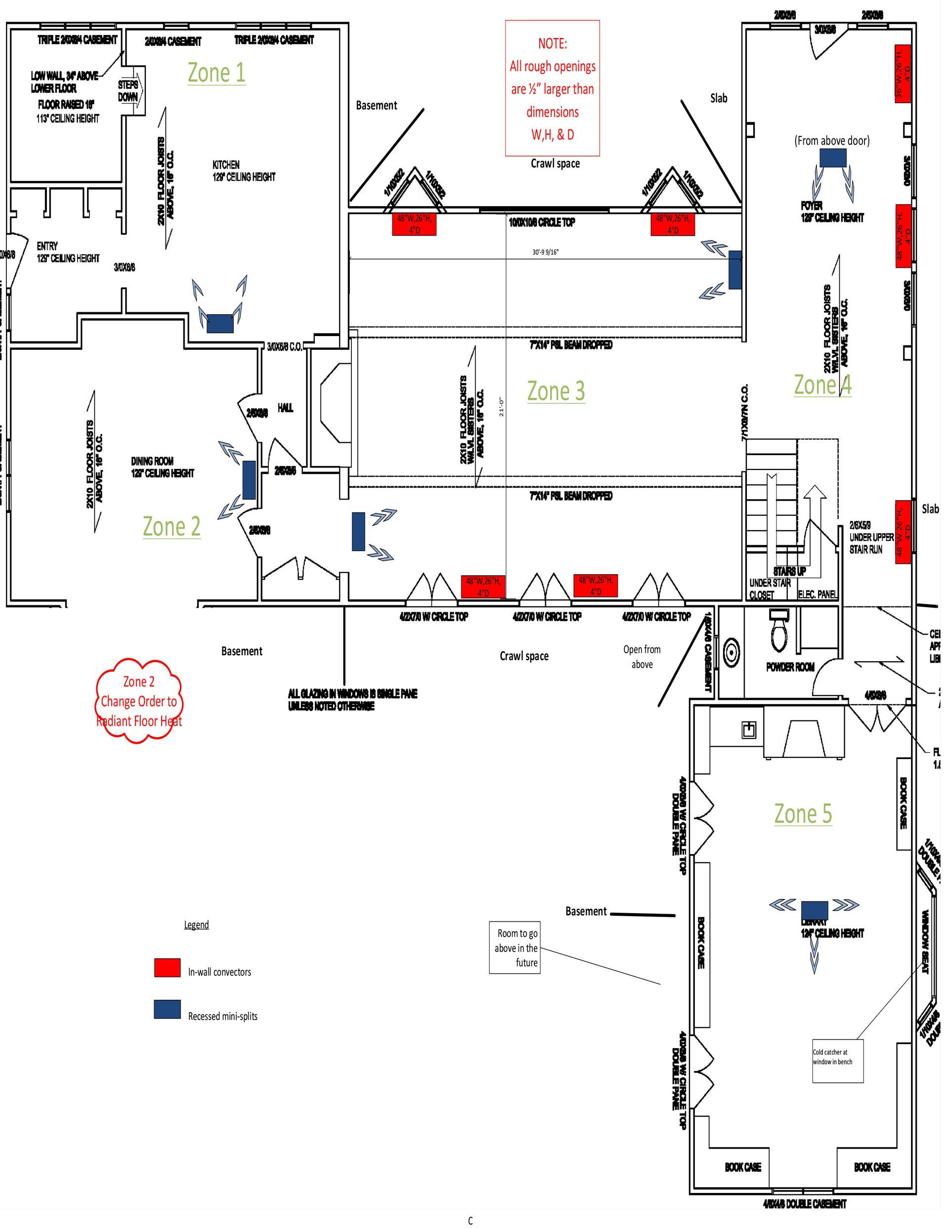 Architectural floor plan with room labels, dimensions, doors, and red and blue accessibility markers.
