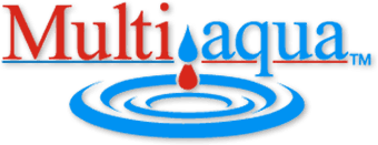 Multiaqua logo with red text and blue water ripple graphic