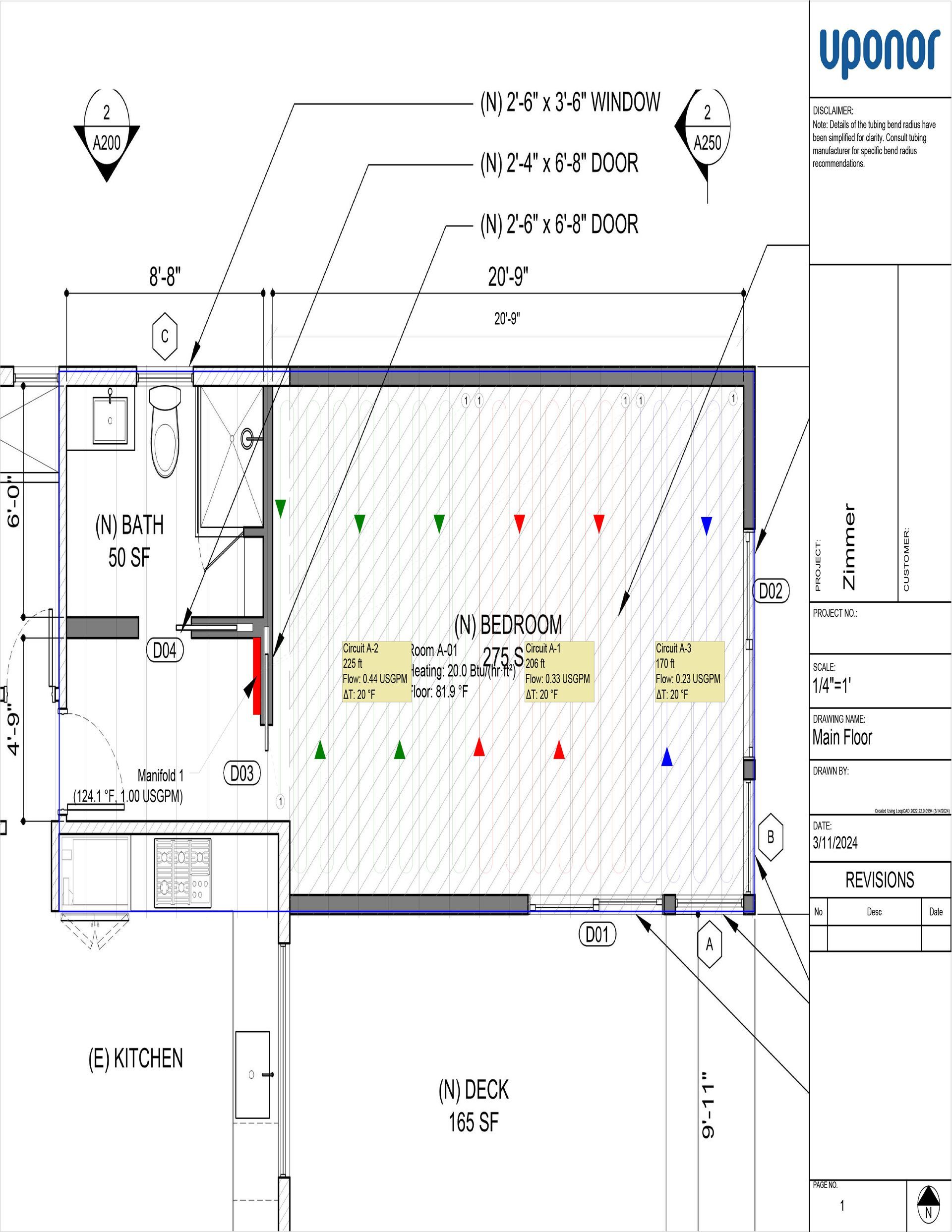 Blueprint of a room layout with dimensions, walls, fixtures, and colored markers