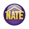 Purple circular logo with yellow house outline and the word “NATE” in bold yellow letters.