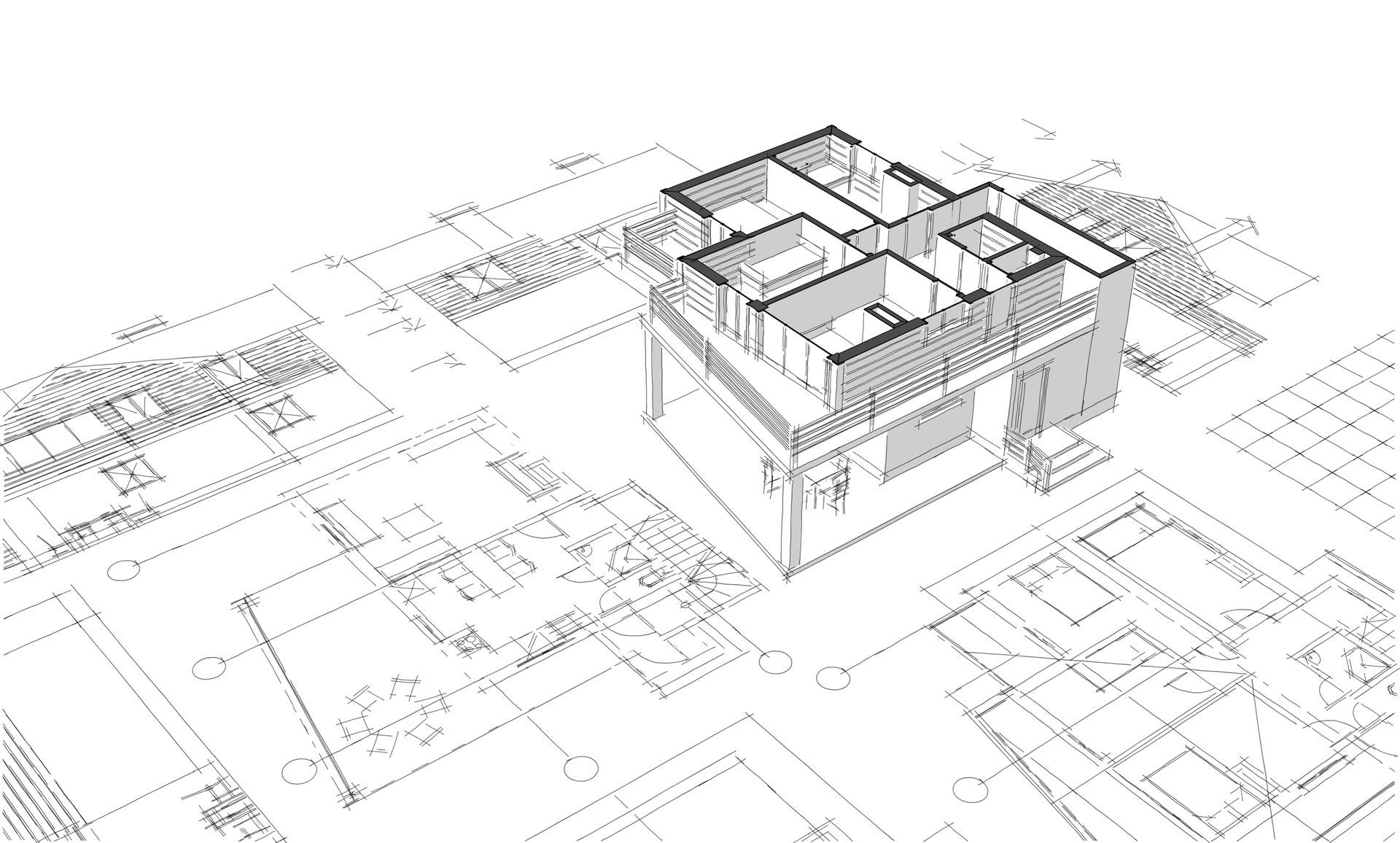 Architectural floor plan sketch with a 3D building model on a drafting grid background