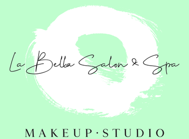 The logo for la bella salon & spa makeup studio is a white circle on a green background.