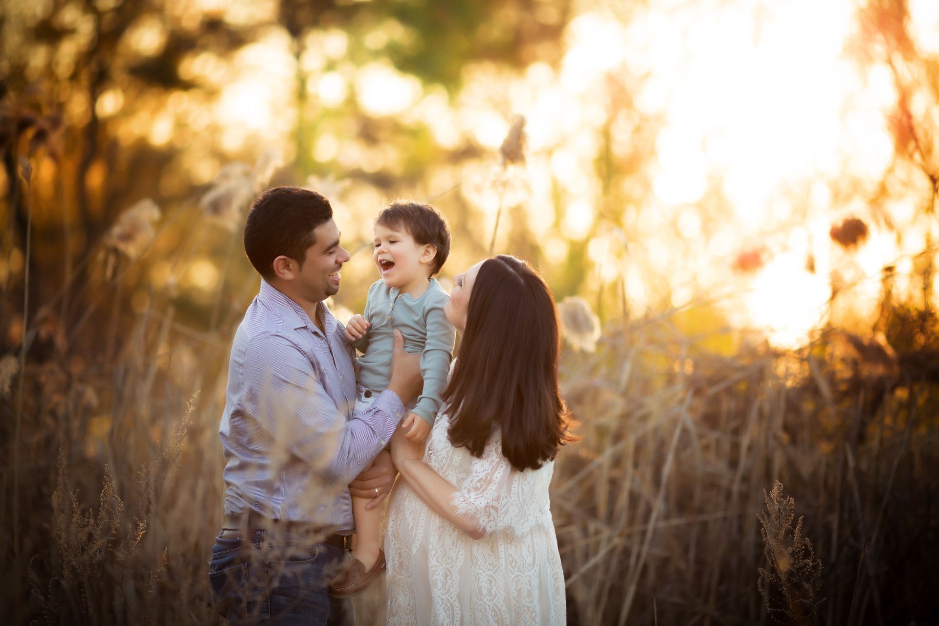 Family of three laughing in sunlit field, dad holding child up, mom embracing.