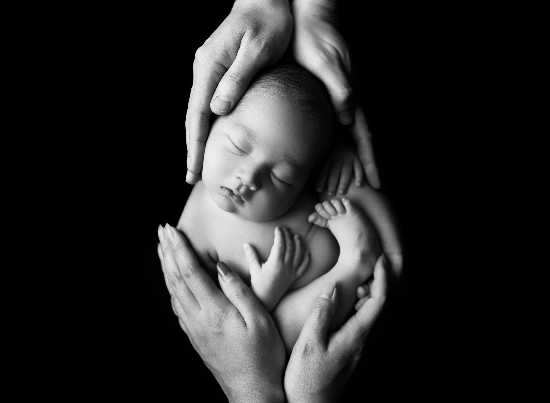 Newborn baby cradled in hands, sleeping peacefully against black backdrop.