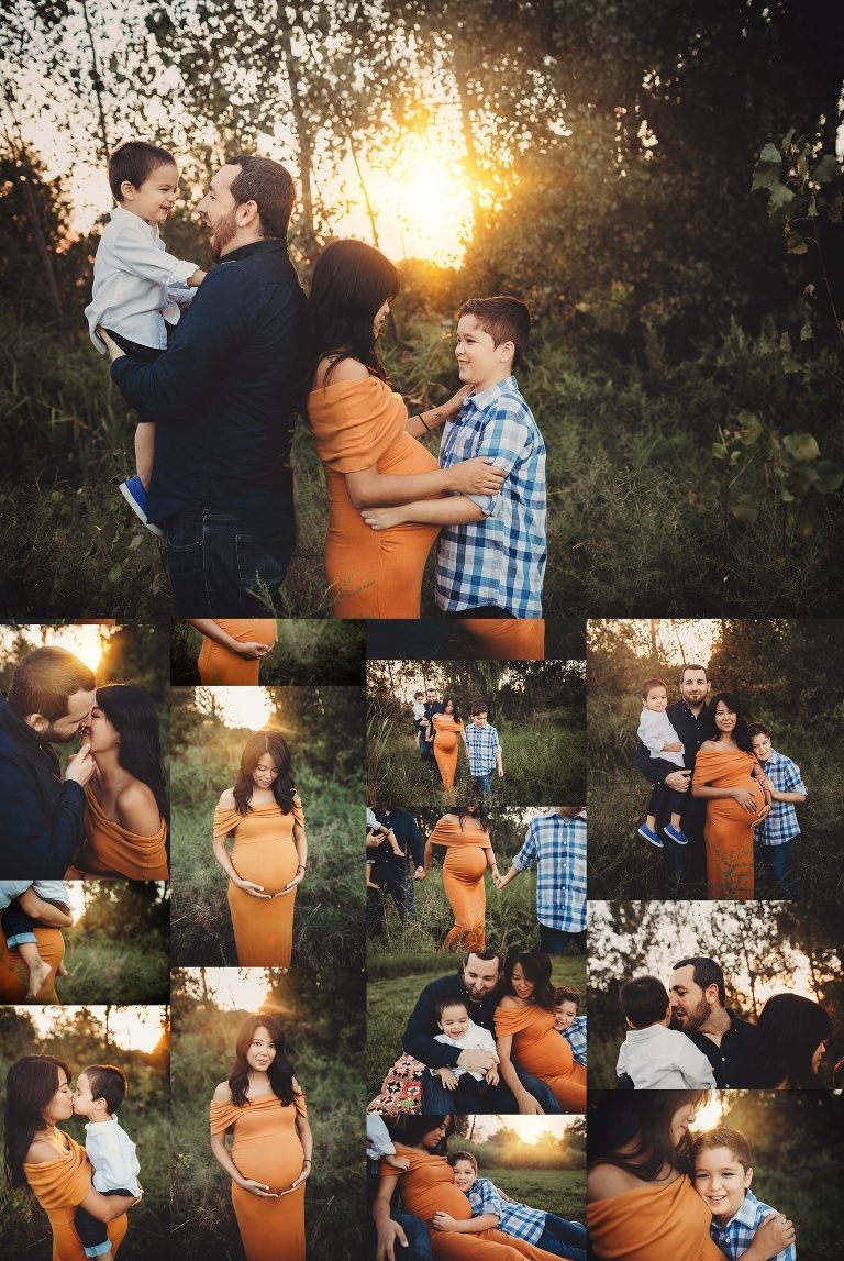 A collage of photos of a pregnant woman and her family.