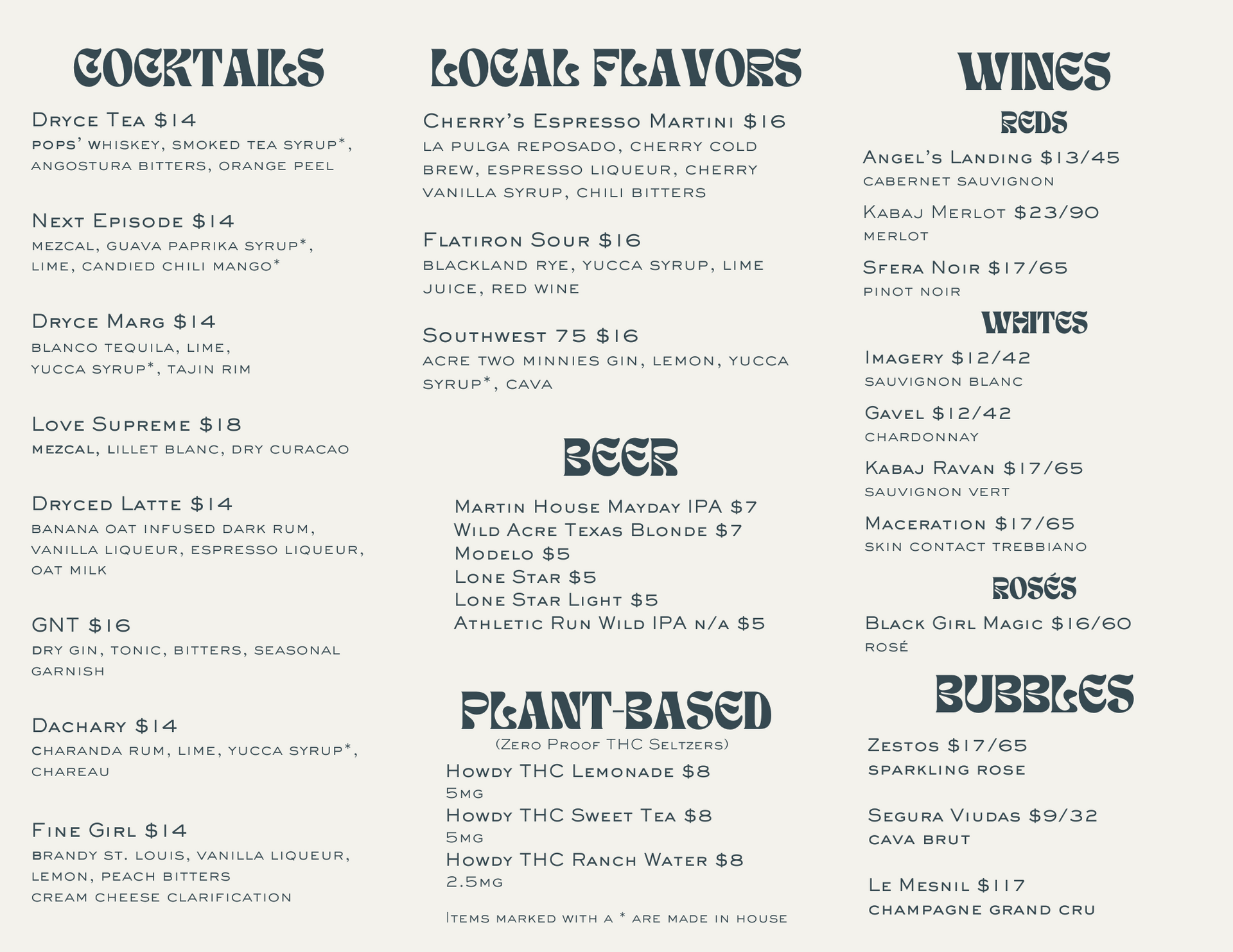 A menu for a restaurant shows a variety of drinks