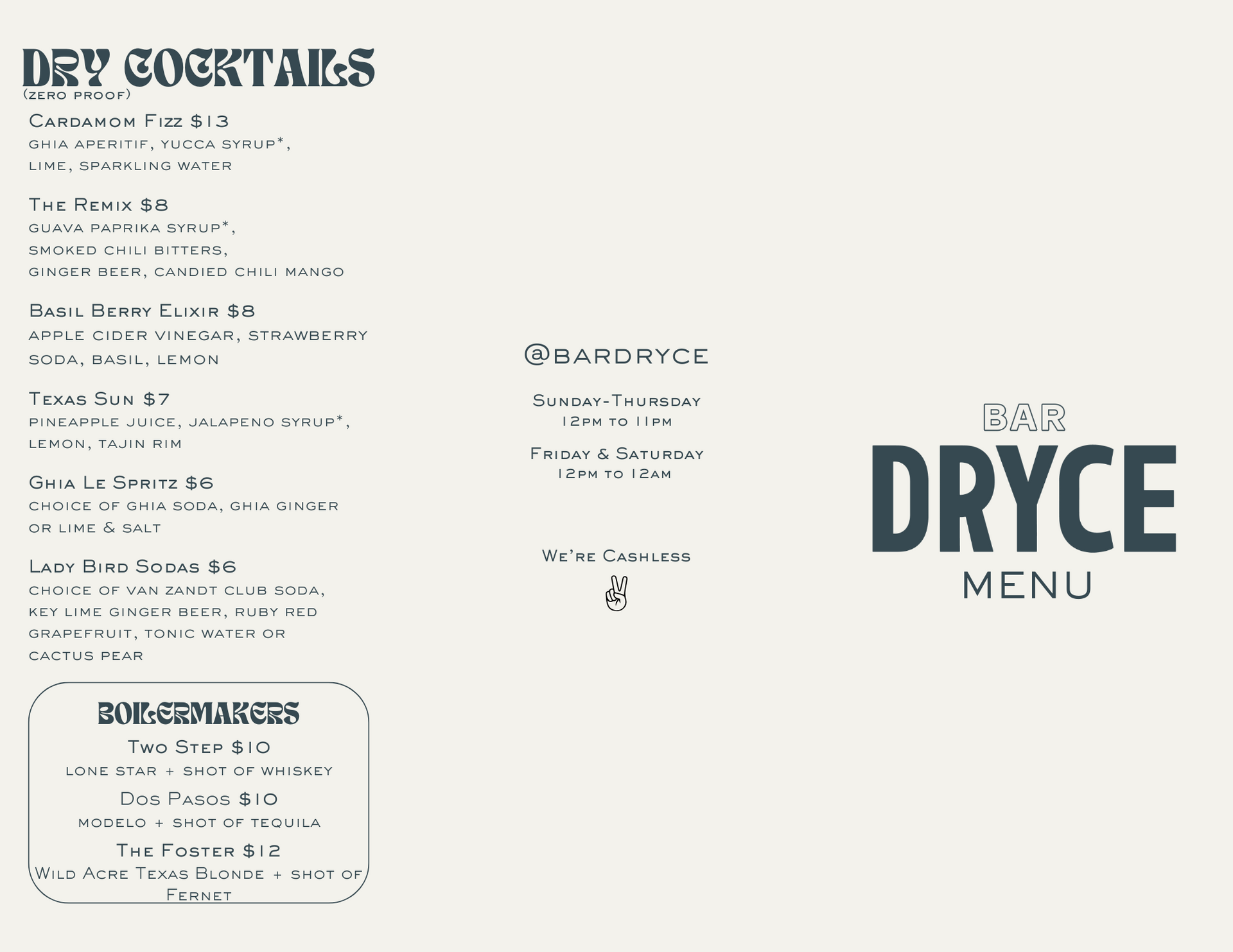 A menu for a restaurant shows a variety of drinks