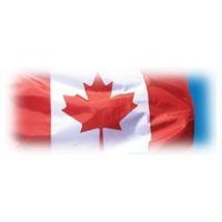 Canadian flag waving, red maple leaf centered on a white background, flanked by red panels.