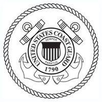 United States Coast Guard emblem: anchor, crossed cannons, rope border, shield, text.