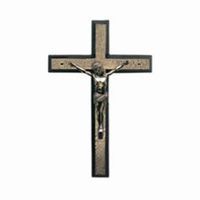 Crucifix with Jesus on cross, dark metallic finish, on a white background.