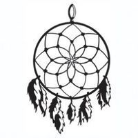 Dreamcatcher with web design and hanging feathers.