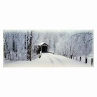 Snowy scene: Covered bridge in a forest, snow-covered road leading to the dark opening.