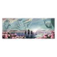 Two figures walking into water, giant hands, serene landscape with flowers.