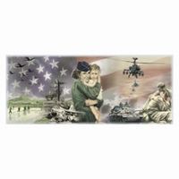 American flag backdrop with military scenes: a woman holding a child, soldiers, aircraft, and vehicles.