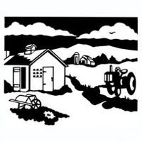 Black and white illustration of a farm scene, including a house, tractor, and rolling hills.