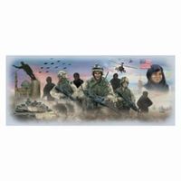 Soldiers with weapons, helicopters, and monuments in a war scene; includes a woman in a headscarf.