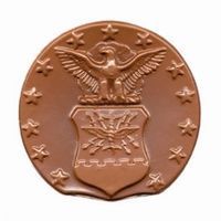 A bronze-colored Air Force seal with an eagle above a shield, surrounded by stars.